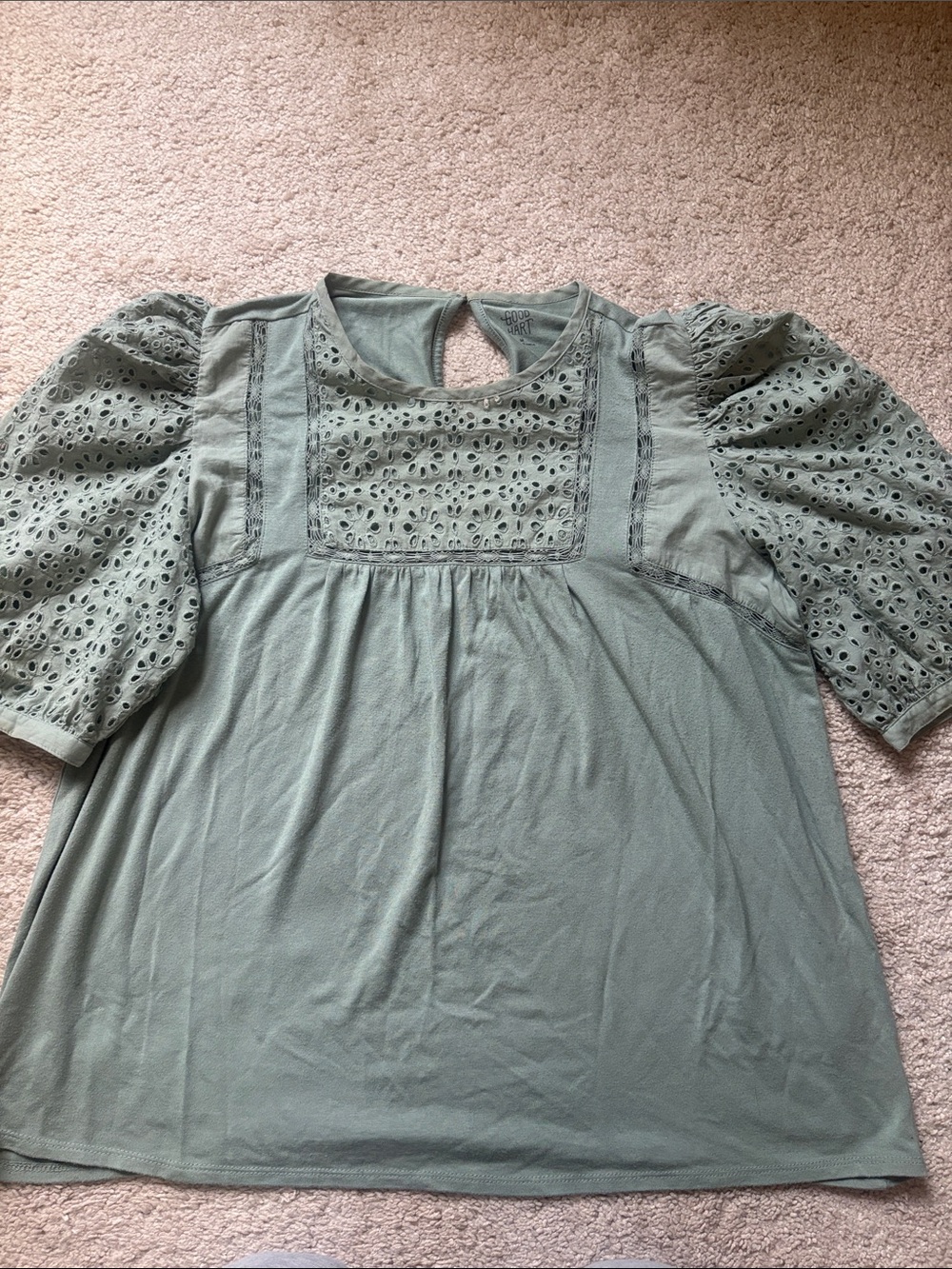 Good Hart Sage Green Eyelet Puff-Sleeve Blouse
